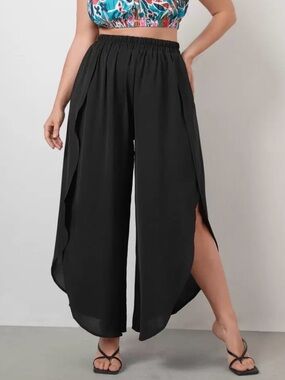 Elastic-Waist Black Split Wide-Leg Pants